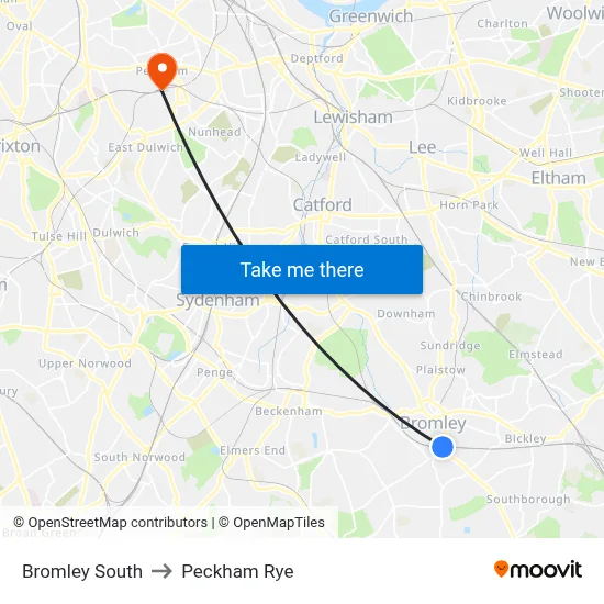 Bromley South to Peckham Rye map