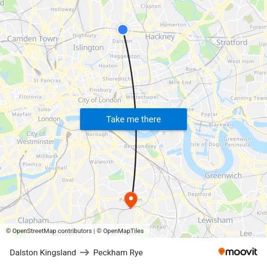 Dalston Kingsland to Peckham Rye map