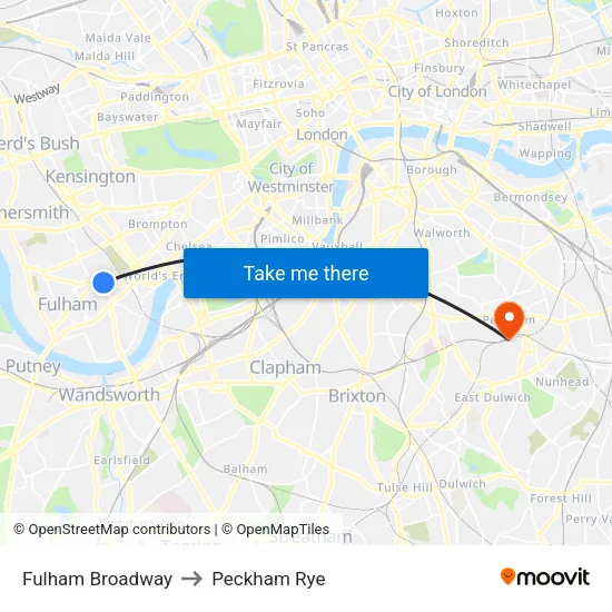 Fulham Broadway to Peckham Rye map