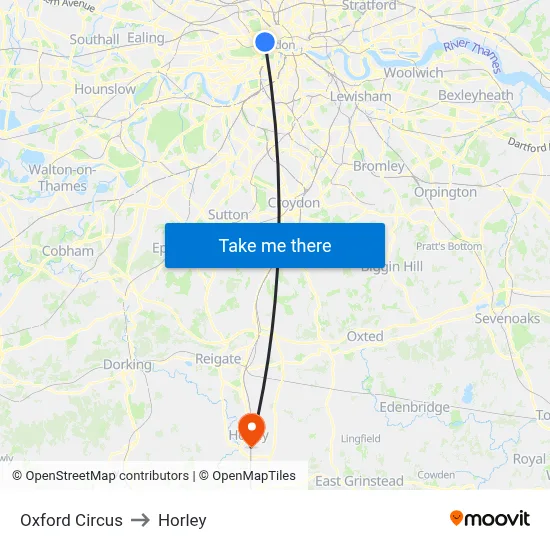 Oxford Circus to Horley map