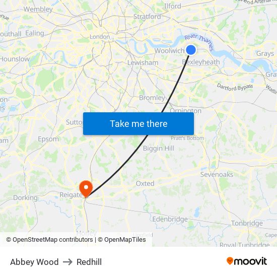 Abbey Wood to Redhill map