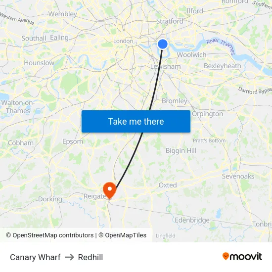 Canary Wharf to Redhill map