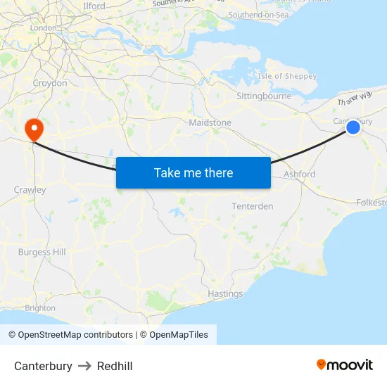 Canterbury to Redhill map