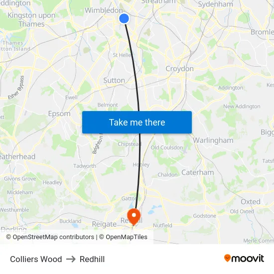 Colliers Wood to Redhill map