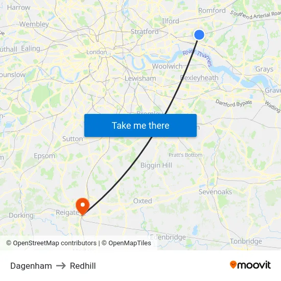 Dagenham to Redhill map