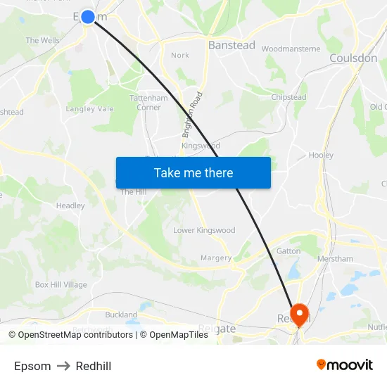 Epsom to Redhill map