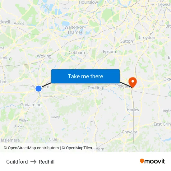 Guildford to Redhill map