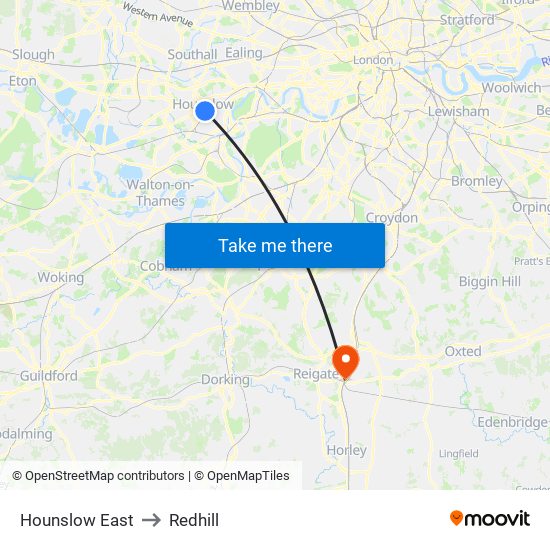 Hounslow East to Redhill map