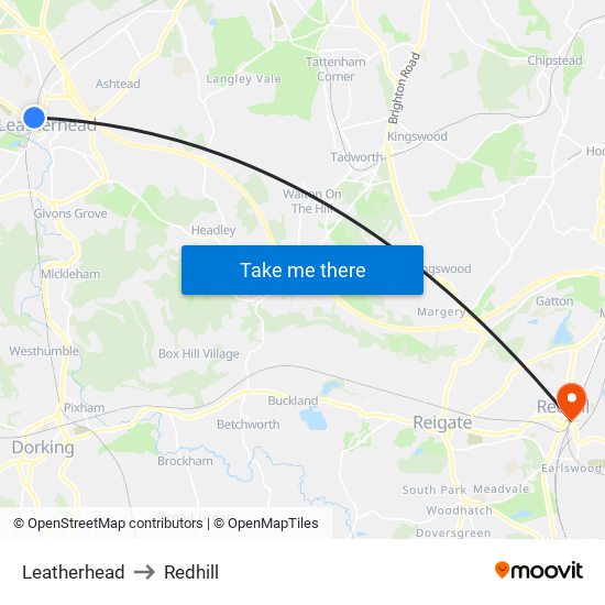 Leatherhead to Redhill map