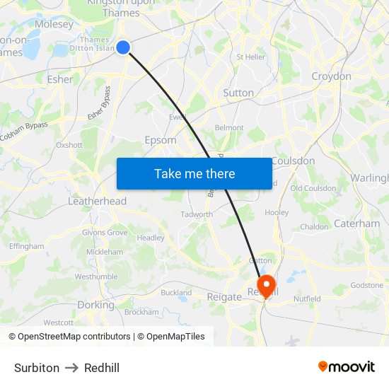 Surbiton to Redhill map