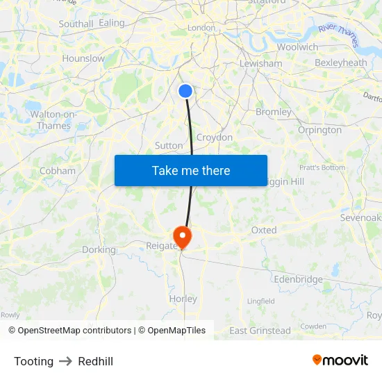 Tooting to Redhill map