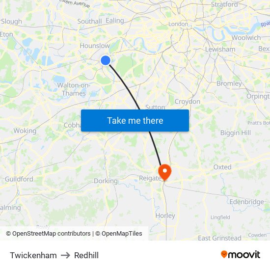 Twickenham to Redhill map