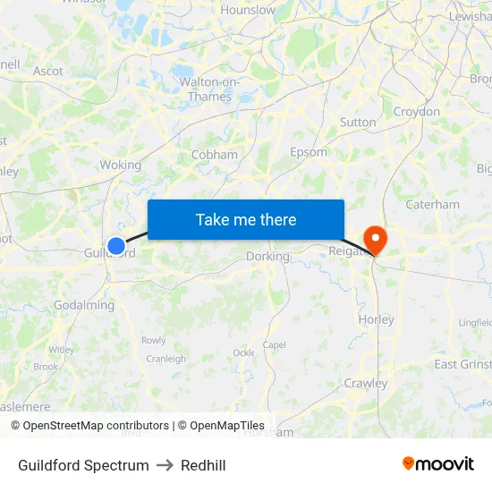 Guildford Spectrum to Redhill map