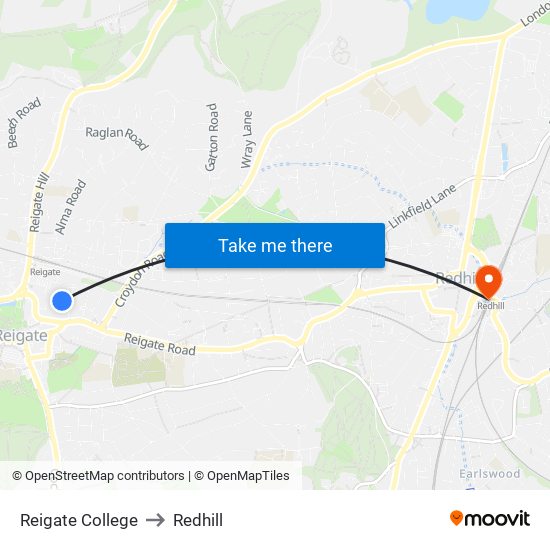 Reigate College to Redhill map