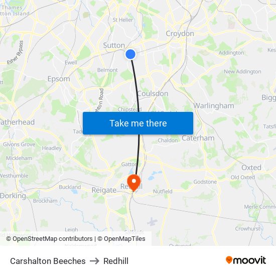 Carshalton Beeches to Redhill map