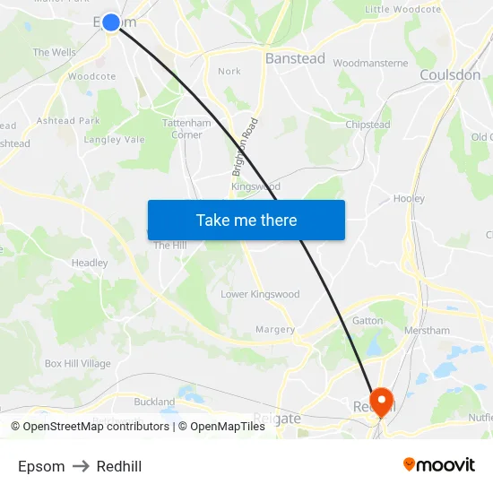 Epsom to Redhill map