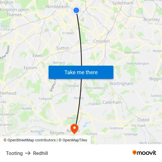 Tooting to Redhill map