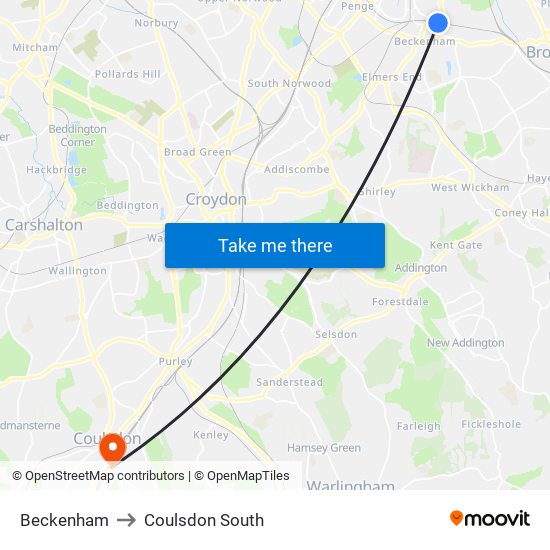 Beckenham to Coulsdon South map