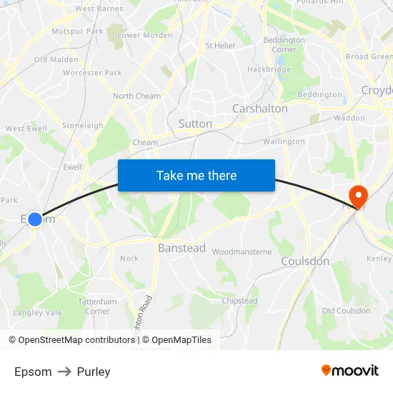 Epsom to Purley map