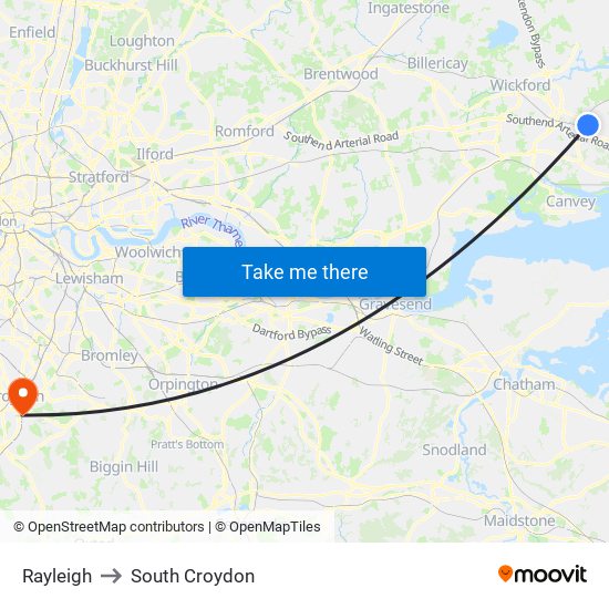 Rayleigh to South Croydon map