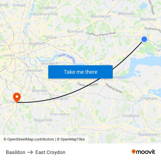 Basildon to East Croydon map