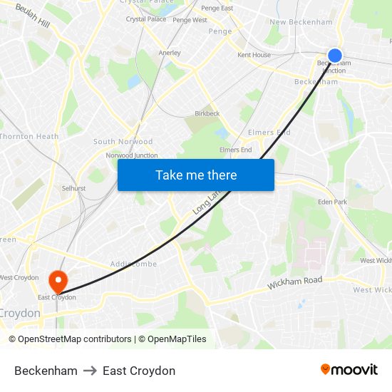 Beckenham to East Croydon map