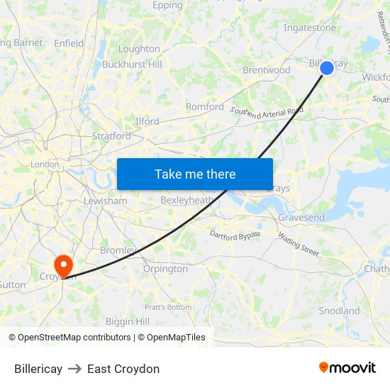 Billericay to East Croydon map