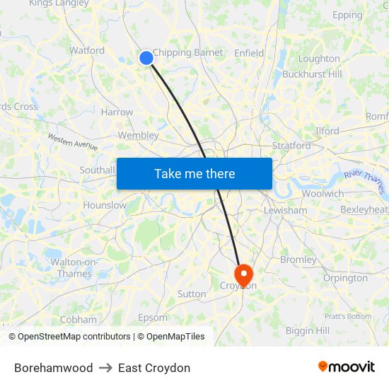 Borehamwood to East Croydon map