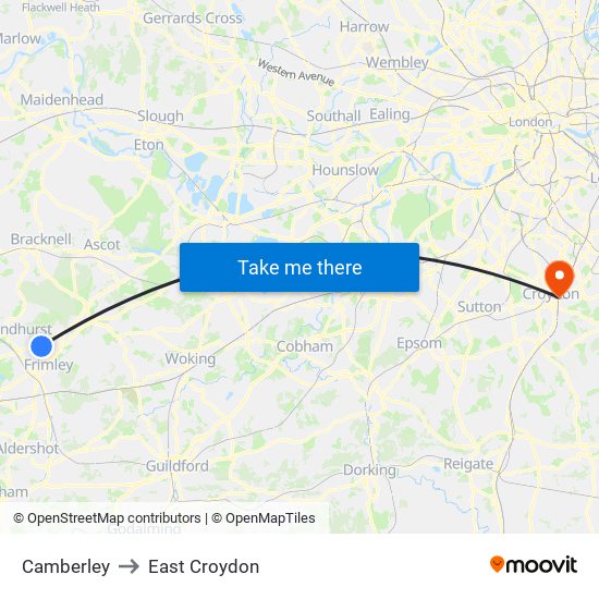 Camberley to East Croydon map