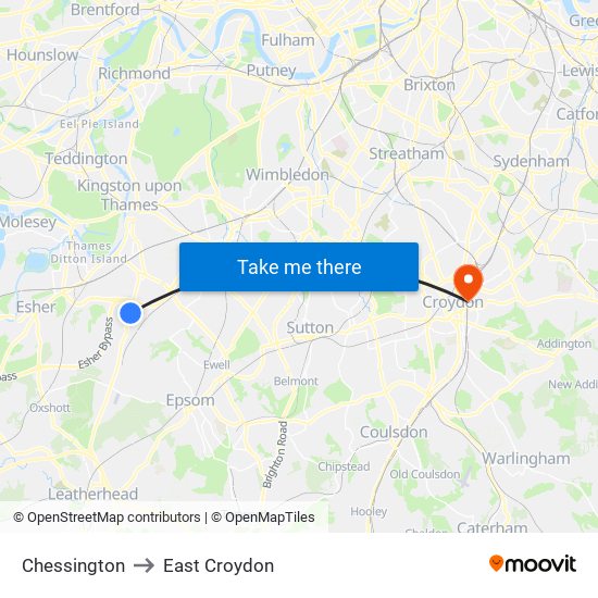 Chessington to East Croydon map