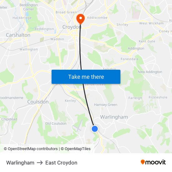 Warlingham to East Croydon map