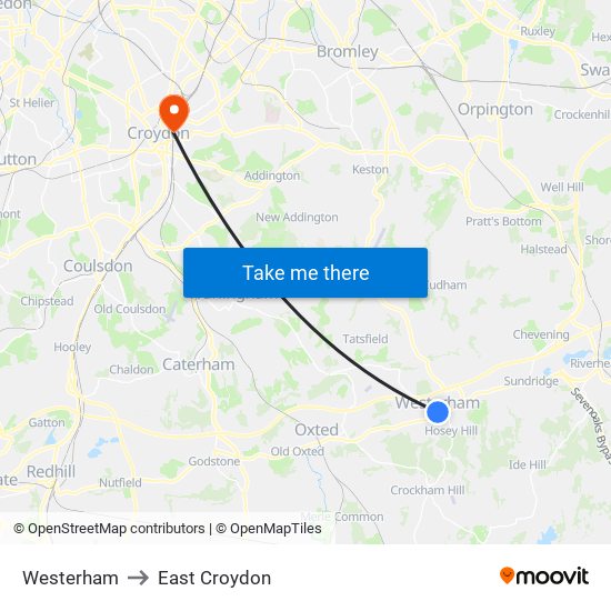 Westerham to East Croydon map