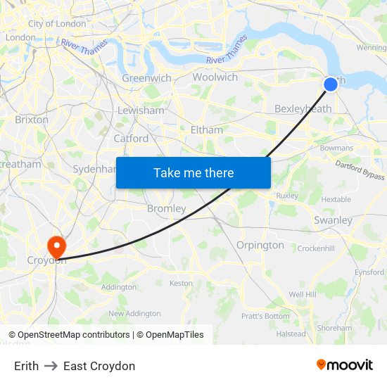 Erith to East Croydon map