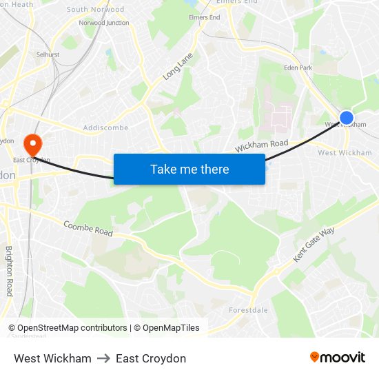 West Wickham to East Croydon map
