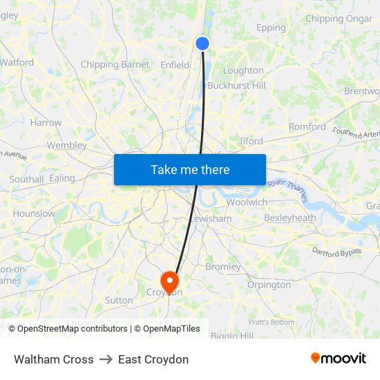 Waltham Cross to East Croydon map