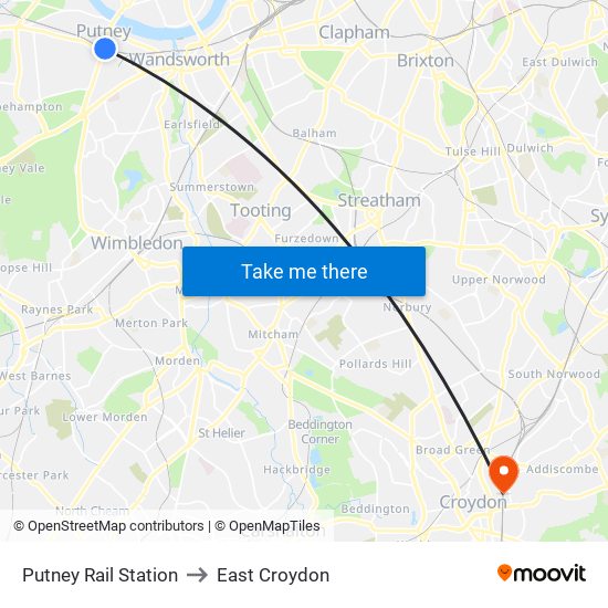 Putney Rail Station to East Croydon map