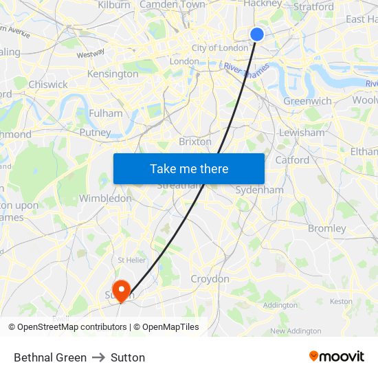 Bethnal Green to Sutton map