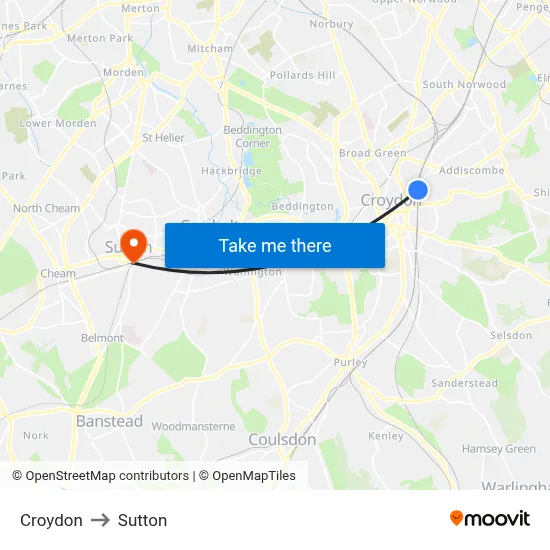 Croydon to Sutton map
