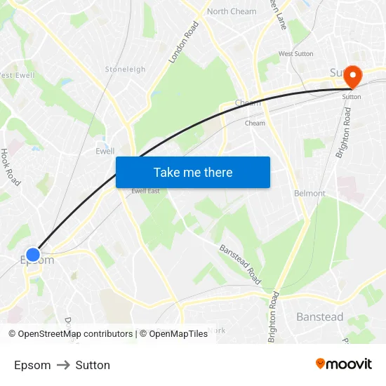 Epsom to Sutton map