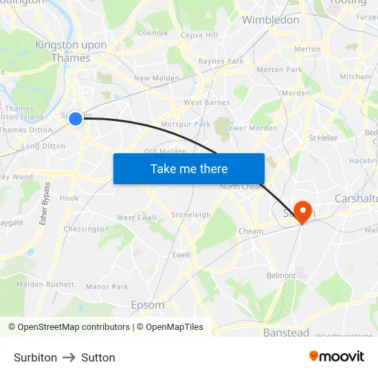 Surbiton to Sutton map