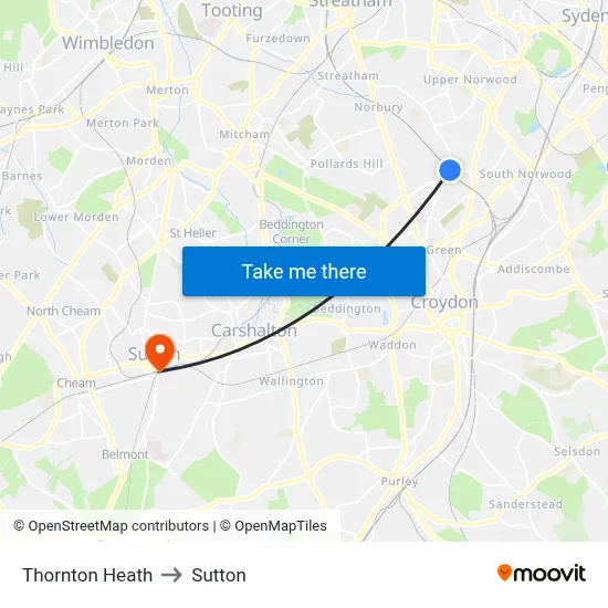 Thornton Heath to Sutton map