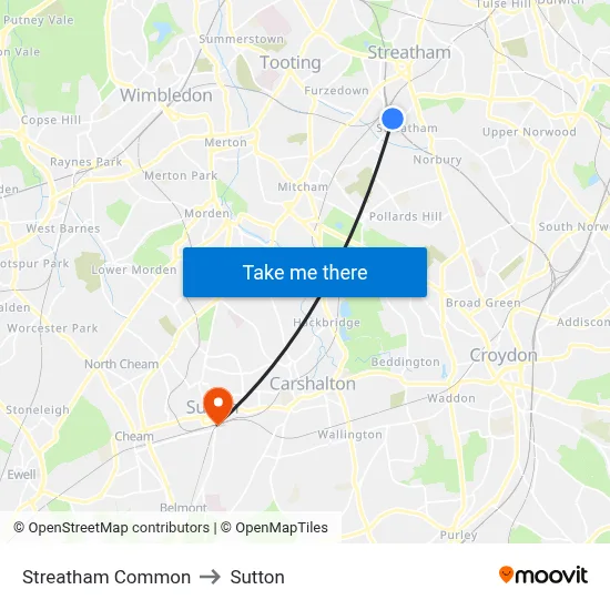 Streatham Common to Sutton map