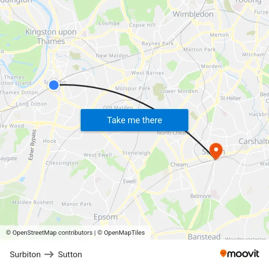 Surbiton to Sutton map