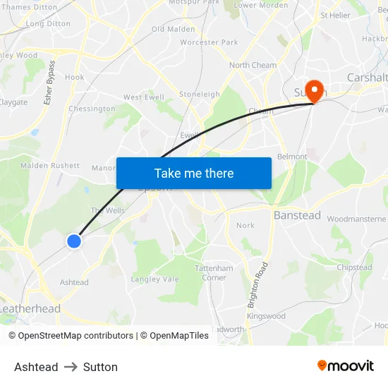 Ashtead to Sutton map