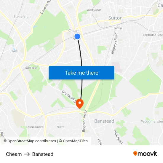 Cheam to Banstead map