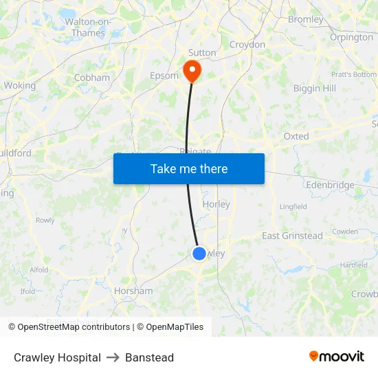 Crawley Hospital to Banstead map