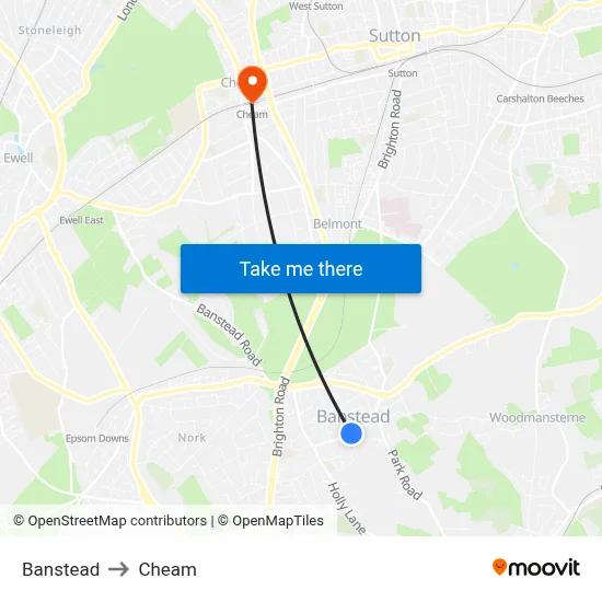 Banstead to Cheam map
