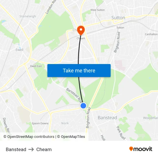 Banstead to Cheam map
