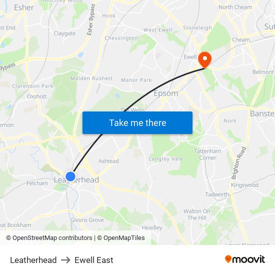 Leatherhead to Ewell East map