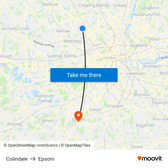 Colindale to Epsom map